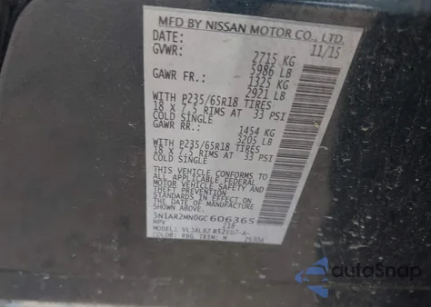 2016 Nissan Pathfinder S z USA, uszkodzony, nr VIN 5N1AR2MN0GC606365